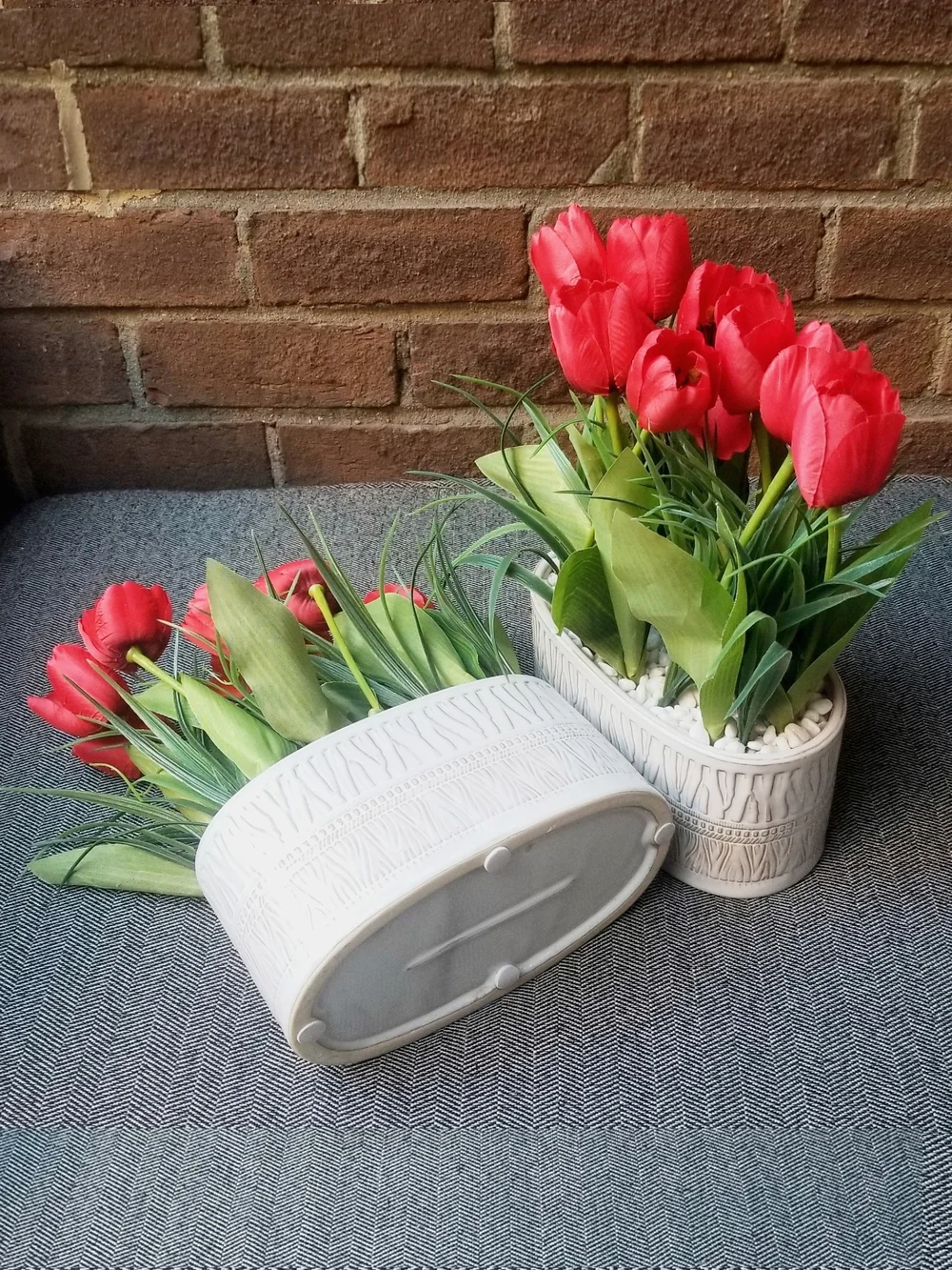 Red Tulips Artificial Arrangement in White Glazed Ceramic Planter